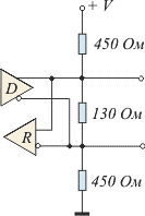 Резисторная цепь на выходе трансивера интерфейса, устраняющая неопределенное состояние линии и обеспечивающая ее согласование.