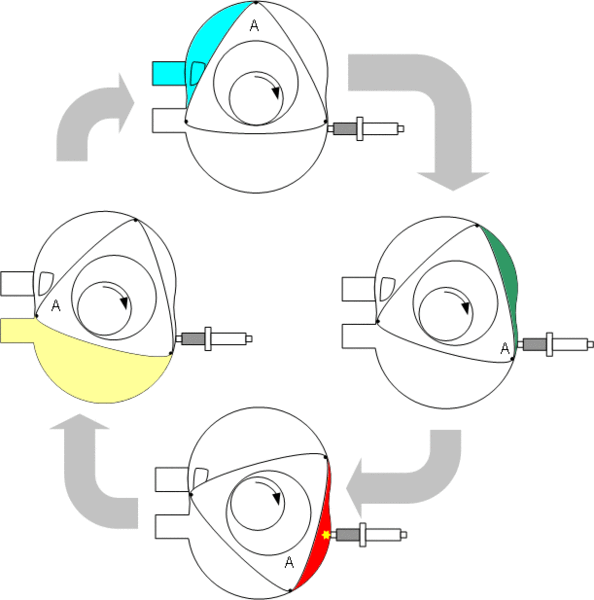 Цикл двигателя Ванкеля: впуск (голубой), сжатие (зелёный), рабочий ход (красный), выпуск (жёлтый).