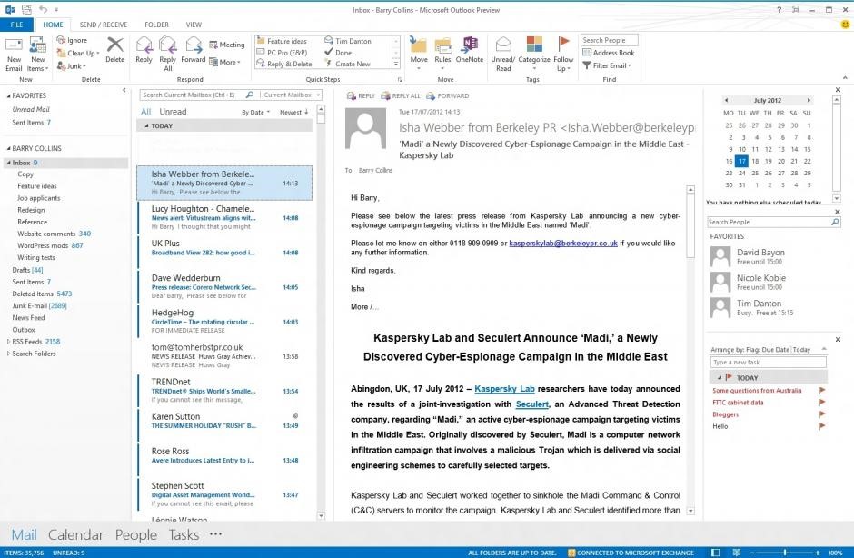 Общий вид программы Microsoft Outlook.